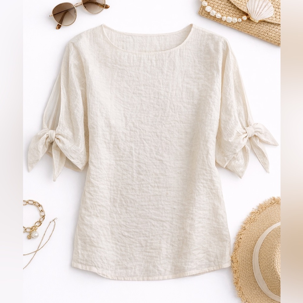 Vilagallo Cream Crinkle Cold Shoulder Tie Sleeve Shimmer Blouse Large Relaxed